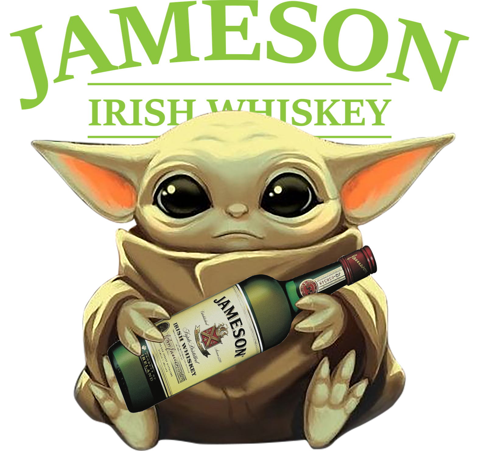 Baby Yoda com garrafa de whiskey
