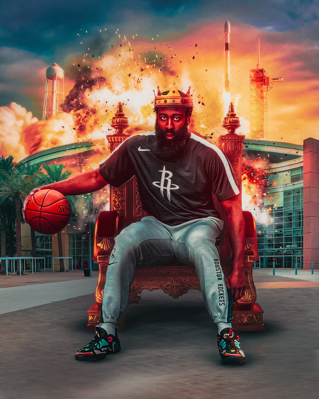 Jogador de basquetebol num trono com fundo de explosão e lançamento de foguetão