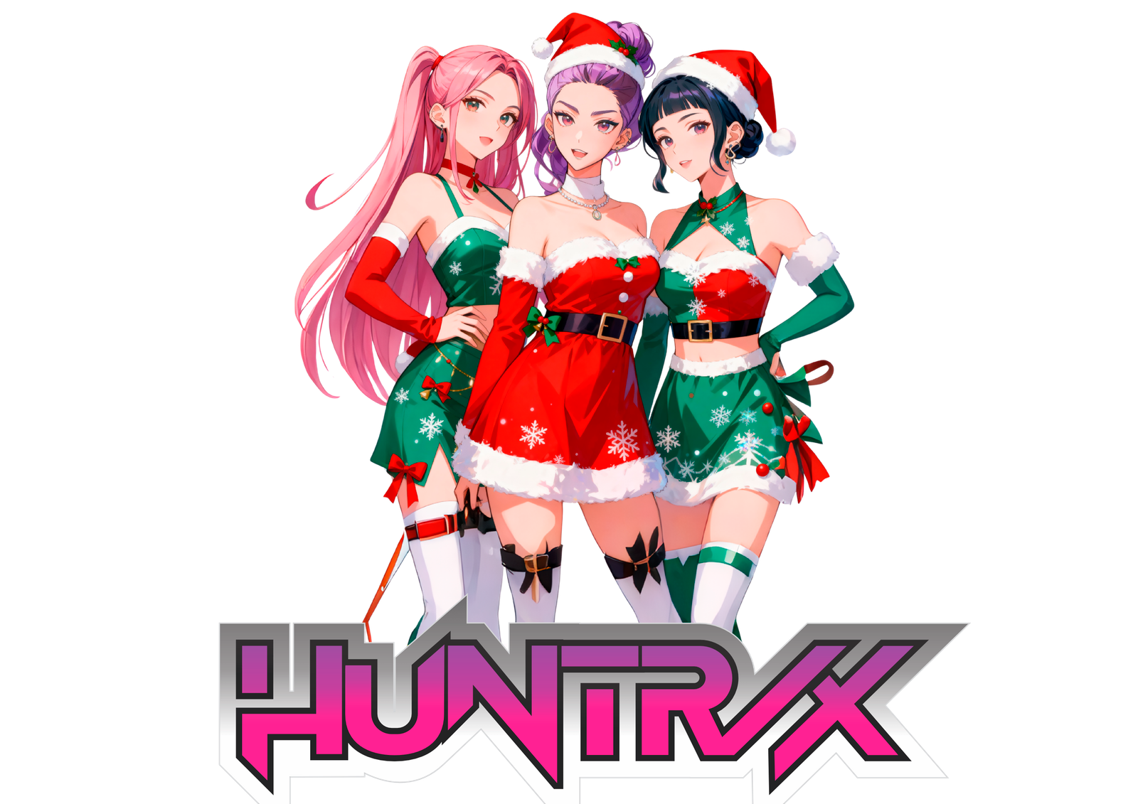 Meninas de anime vestidas de Natal com o logotipo HUNTRIX