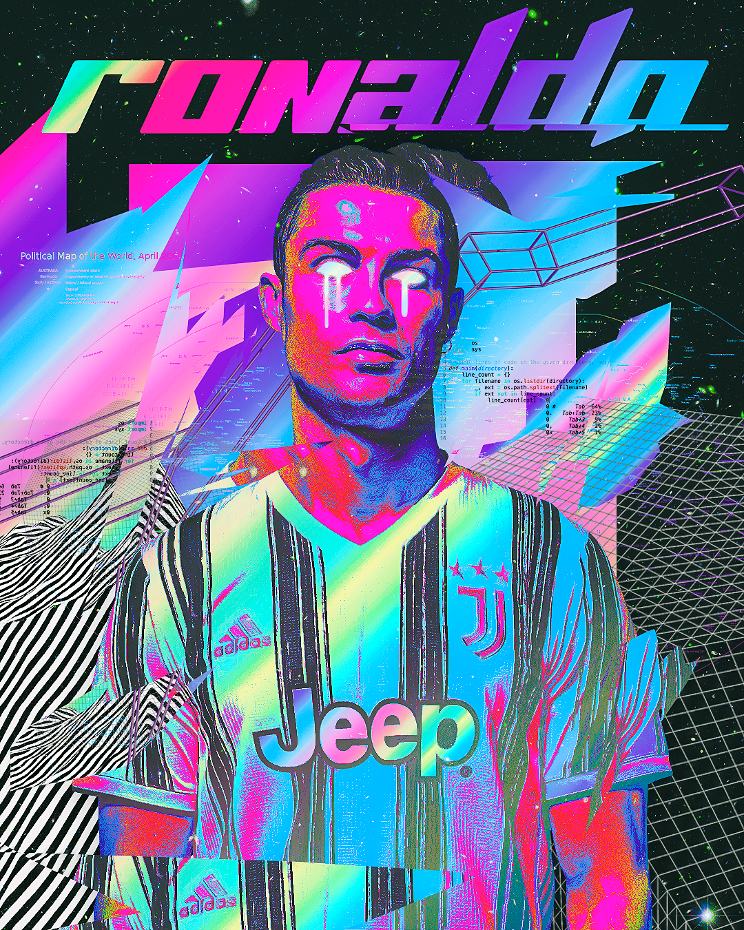 Jogador de futebol em estilo cyberpunk e glitch art