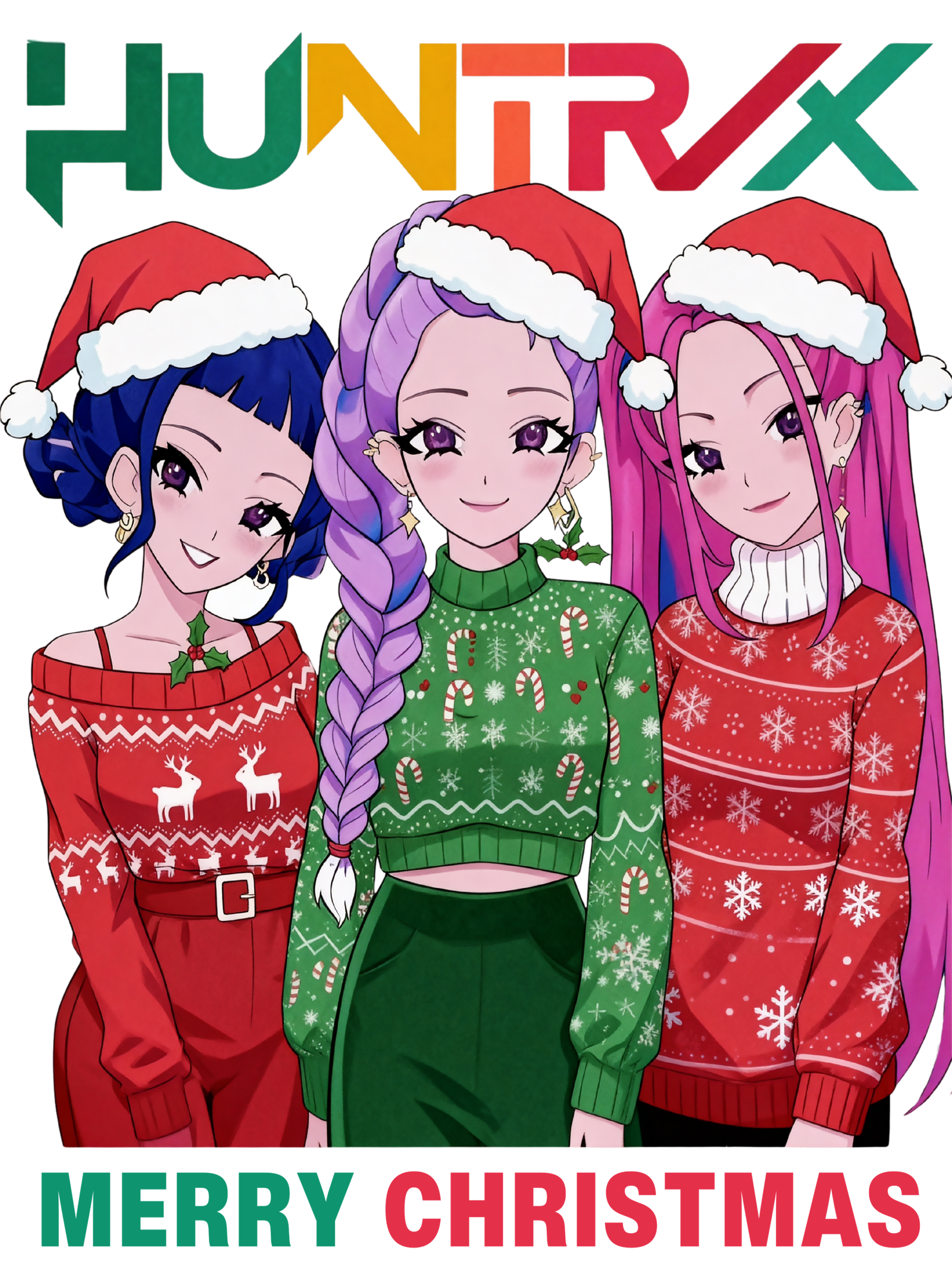 Três raparigas estilo anime com camisolas e barrete de Natal