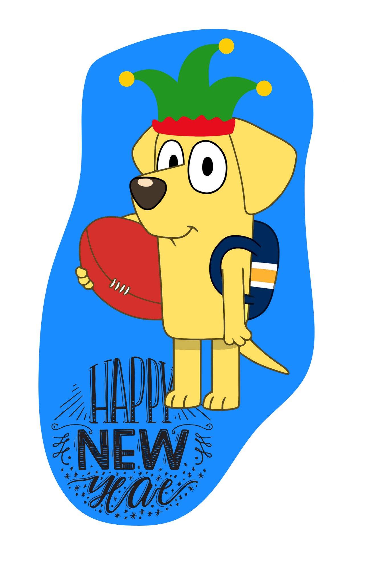 Personagem animado canino estilo Bluey com chapéu de bobo da corte e bola de râguebi