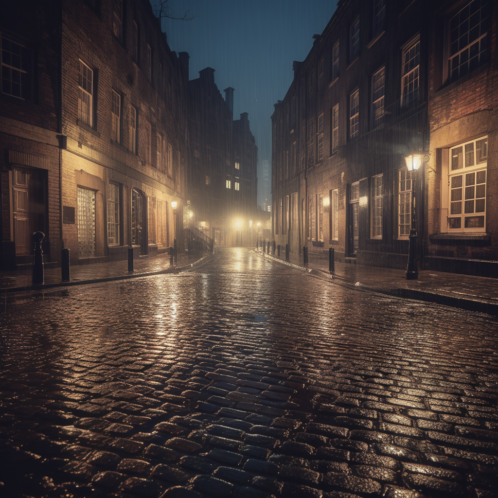 clubedoporkinho A cinematic view of a rain-soaked cobblestone s e24eb391-0fee-47a1-a963-2678cf5957bd