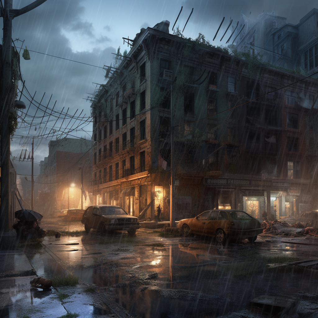 clubedoporkinho Depict an abandoned apocalyptic city during a r 43d58b25-8338-4b16-a114-4bfa4771bb83