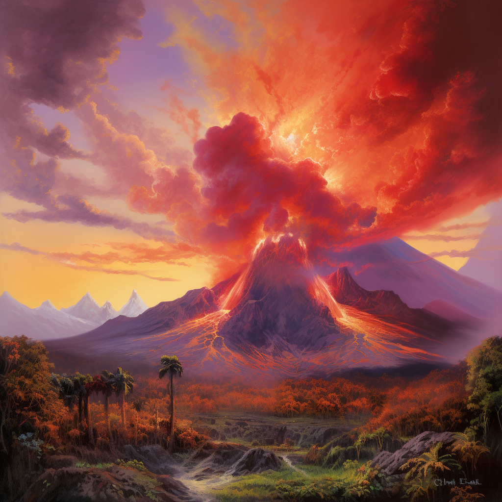 clubedoporkinho Depict an epic scene of a volcano erupting duri 42df7455-d69b-41c4-b82a-87d1ae889602